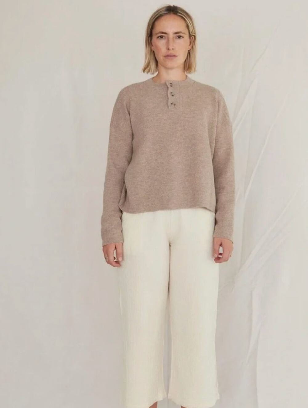Sister Katie Sweater XS Felicity Henley Baby Alpaca Henley Beige Rib Minimalist